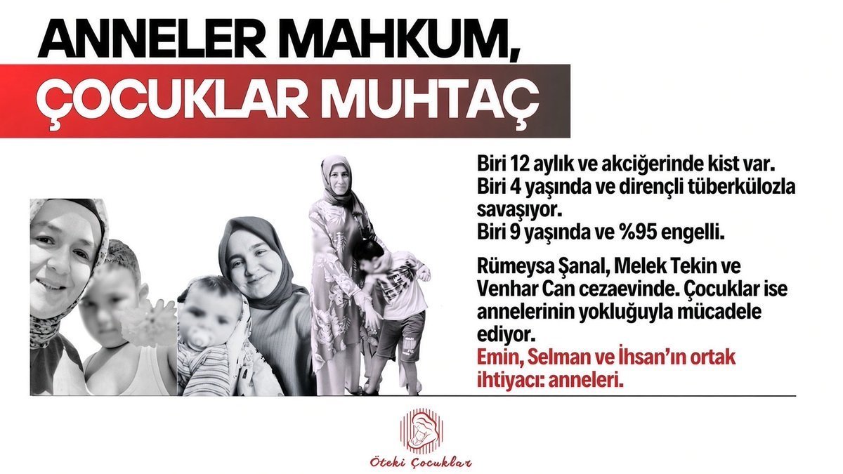 Teacher_4706's tweet photo. 🚨 Bir bebek hastalığıyla,

🚨 bir çocuk tüberkülozla,

🚨 bir başka çocuk engeliyle mücadele ederken annelerinin  cezaevinde olması kabul edilemez‼️

⁉️ ÇocukHasta Anne Hapiste ⁉️ https://t.co/hVdMYK8Qvm