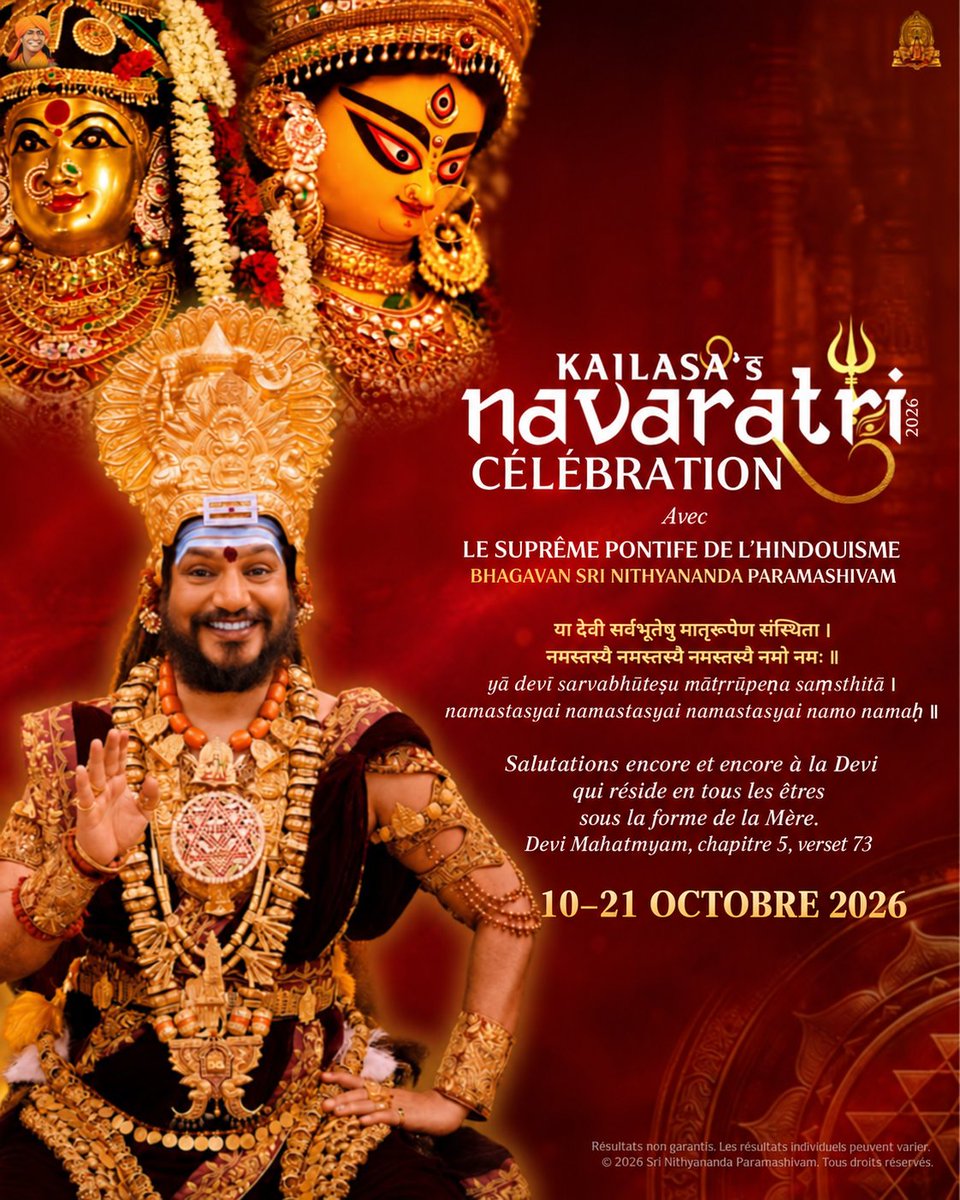 KAILASAFrance's tweet photo. Navaratri est l’éveil sacré de Shakti, la Mère Divine, puissance cosmique qui crée, soutient et transforme toute existence.

Durant neuf nuits sacrées, invoquons Devi et cheminons vers la purification, la sagesse et la libération. #Navaratri #Shakti #KAILASA https://t.co/ySBGH0rg0z