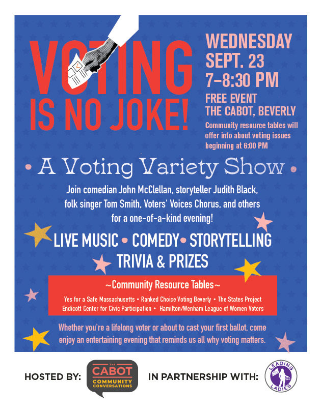 VoterChoiceMA's tweet photo. Tonight!

Join us in Beverly for Voting is No Joke!

More details here: https://t.co/jUF5Il2DEU https://t.co/CIOnzX2RMK