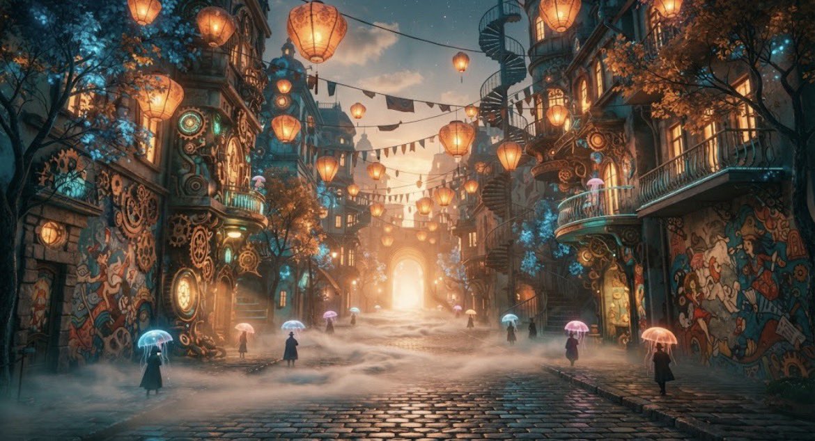 serif0634's tweet photo. "Una calle de ensueño donde el tiempo se derrite y los paraguas brillan como medusas." https://t.co/T6uU6qsyeR
