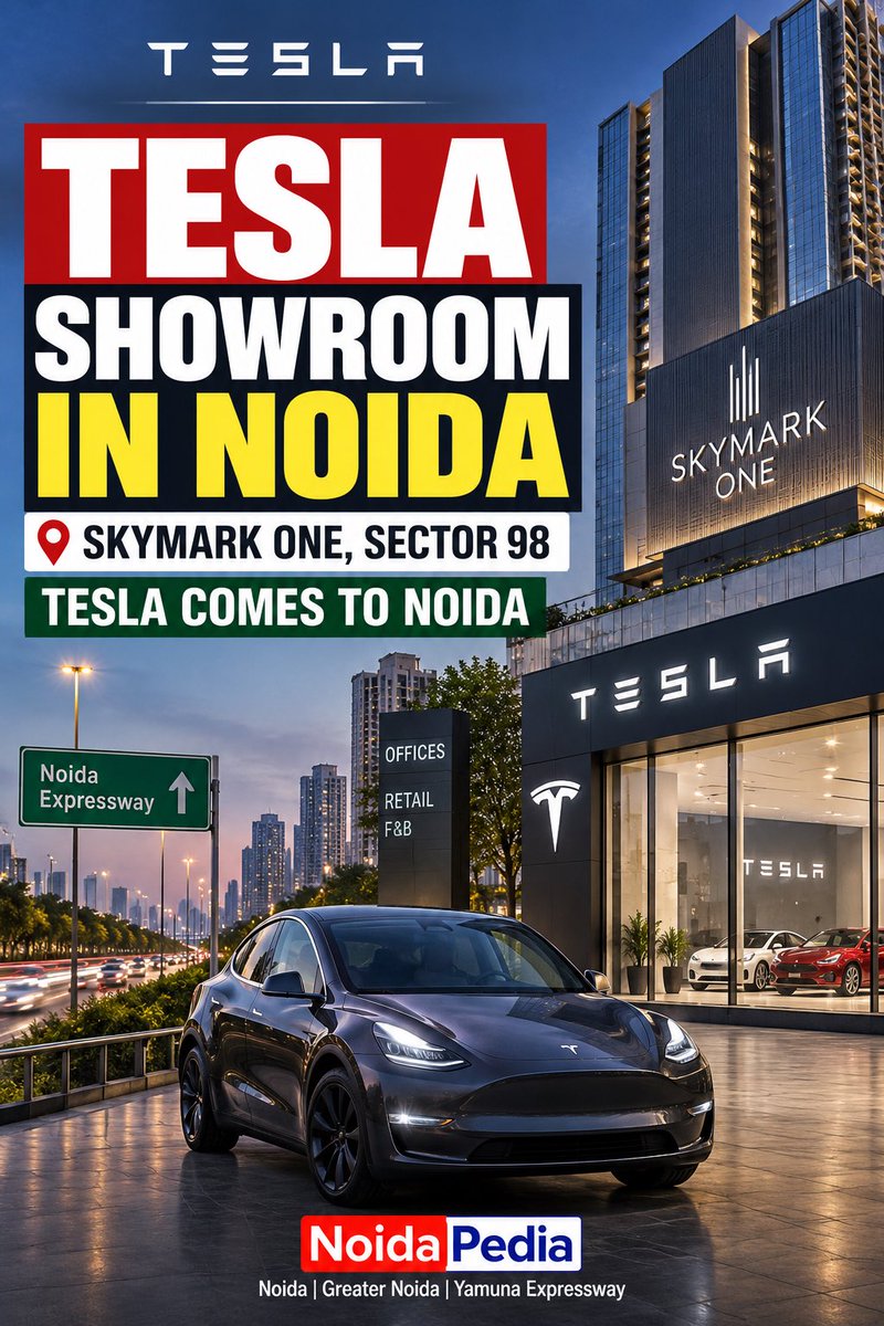 PediaNoida's tweet photo. @PediaNoida 

⚡ Tesla Set to Open Showroom in Noida — Skymark One, Sector 98

📍 What's Happening
Tesla is opening a new showroom in Noida at Skymark One, Sector 98 — marking the EV giant's entry into the Noida-Greater Noida Expressway corridor after Mumbai and Delhi Aerocity.

📊 Key Details
• Location: Skymark One, Sector 98 — a premium commercial/retail hub on the Noida Expressway
• Positions Noida as Tesla's next major NCR touchpoint after BKC Mumbai and Aerocity Delhi.

#Tesla #NoidaExpressway #Sector98 #NoidaPedia #EVIndia #SkymarkOne
