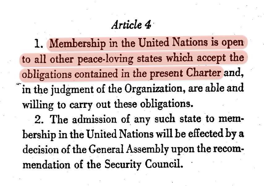 LexCogens's tweet photo. Defending yourself from whom?
The people whose nation you illegally invaded, destroyed, and claimed as yours?
Try a new approach: be "peace-loving."
After all, that’s the rule for UN membership under Article 4.
#UNFraud @LexCogens