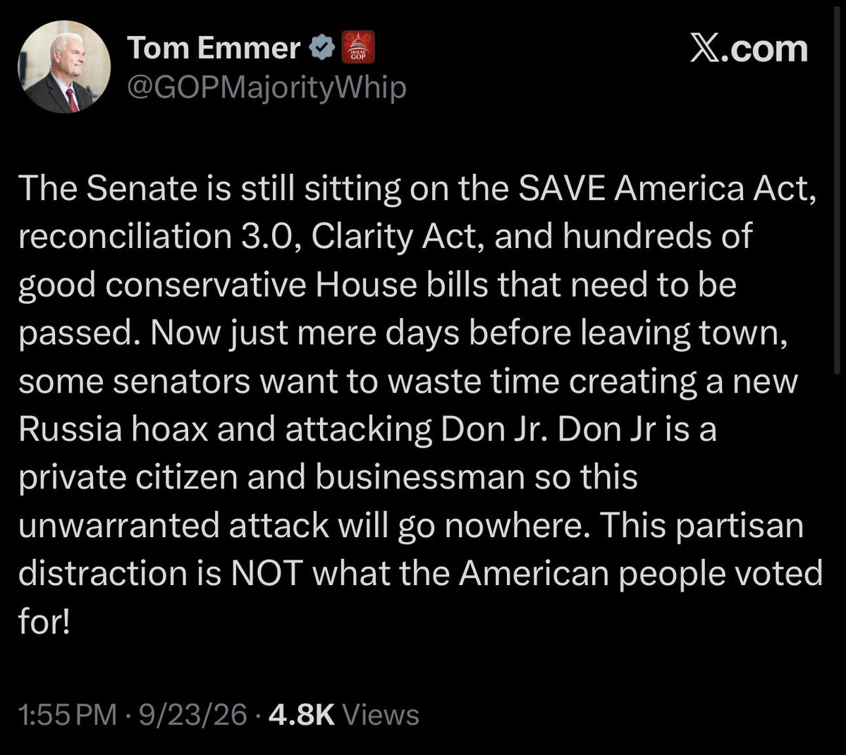RonFilipkowski's tweet photo. L - Tom Emmer in 2024 on the House subpoenaing Hunter Biden.

R - Tom Emmer today on why the House shouldn’t investigate Don Jr:  He’s a private citizen. https://t.co/RCcGU1POa3