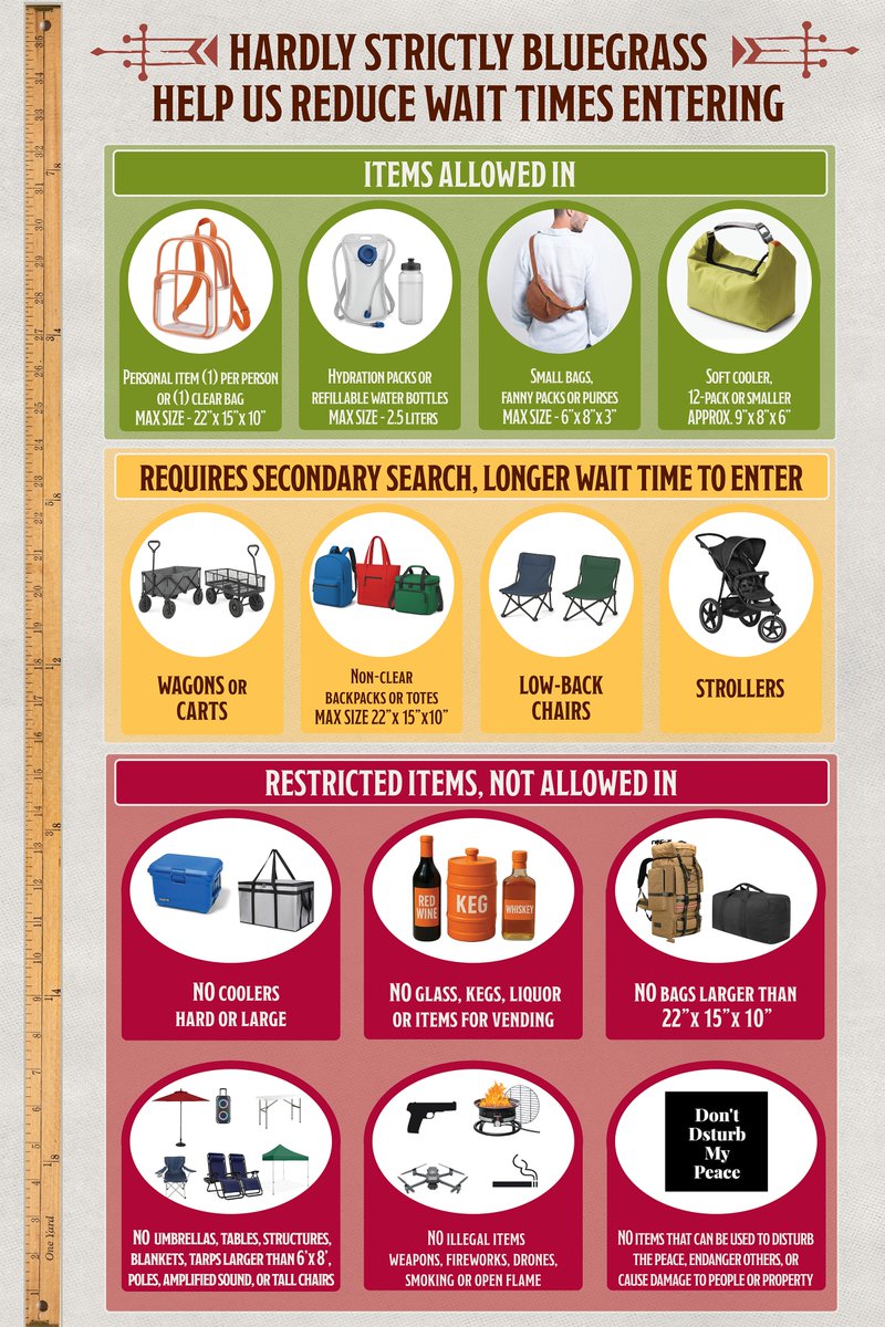 HSBFest's tweet photo. You've been asking, and here's the FAQ of FAQs: what's OK to bring in, what's OK but will slow you down, and what won't be allowed in and is best left at home.
For lots more detail, visit our Info & FAQ page:
https://t.co/p2GZGpdtAh
#HSB26
#hardlystrictlybluegrass https://t.co/tVjlgHjSQL