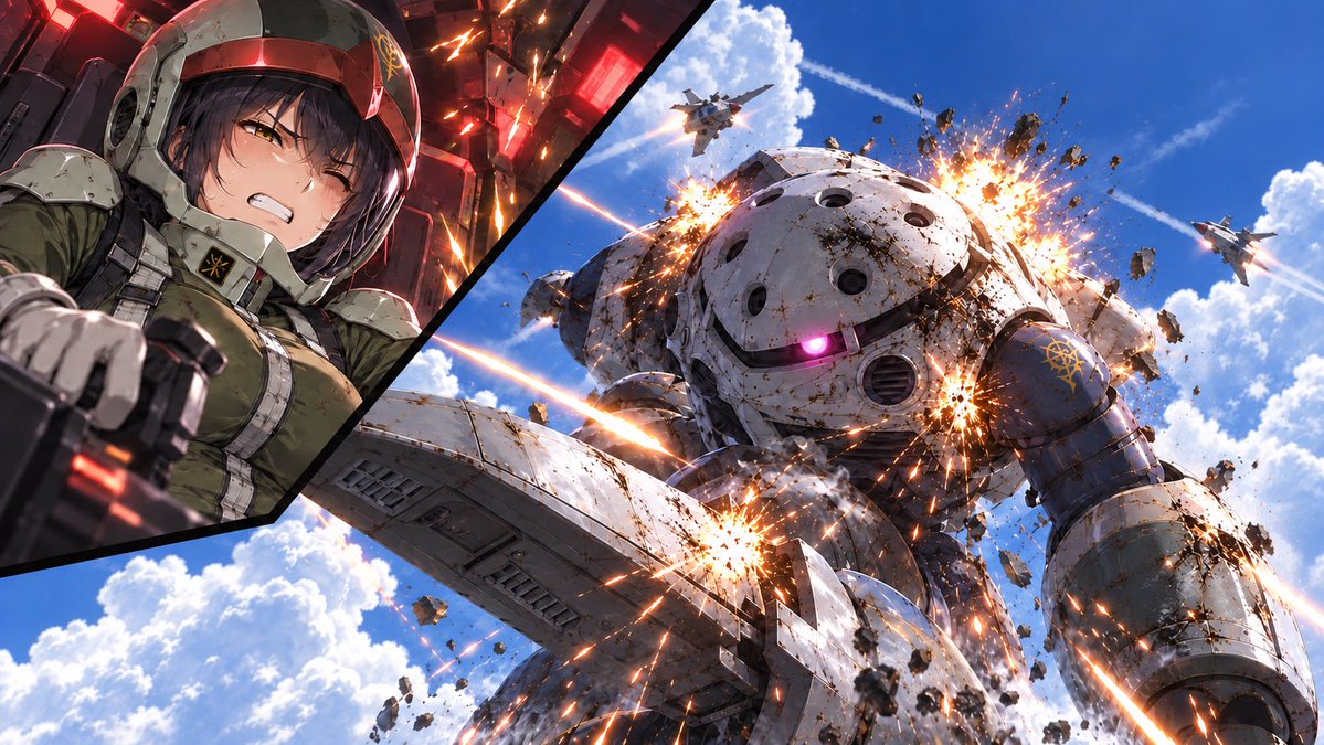 cloudster555's tweet photo. 第4話「撃墜」

ジャブローから打ち上げられる連邦軍艦艇を迎撃するため、初陣に臨んだミカ。

ゼーゴックの圧倒的な火力により、ミカは次々と敵艦を撃沈し、任務の成功を確かなものにした。

初めての実戦で戦果を挙げ、あとは帰還するだけ――
そのはずだった。

だが、撤退に移ろうとしたその時、連邦軍の迎撃部隊が現れる。

激しい追撃を受け、回収用のガウは撃墜。ゼーゴックもまた深刻な損傷を負い、機体各部に警報が鳴り響く。

揺れるコックピットの中で、ミカは必死に操縦桿を握りしめた。

「嫌だ……こんなところで、終われない……！」

制御を失いかけたゼーゴックは、高度を落としながら青空を裂くように飛び続ける。
背後から迫る追撃を振り切るため、ミカはなおも機体を前へと押し出した。

任務は果たした。けれど、戦いはまだ終わっていなかった。

#Animates
#MikaAnimates
#Mika
#Gundam #Zeon #ParallelWorld