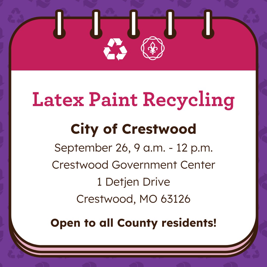 StLCountyDOH's tweet photo. We have THREE recycling events on 9/26!

Electronics Recycling: 9am-12pm, Congregation Temple Israel, 1 Rabbi Alvan D Rubin, 63141
Document Shredding: 10am-1pm, North Point Aquatic Center, 335 Holloway, 63011
Latex Paint Recycling: 9am-12pm, Crestwood Govt Center, 1 Detjen, 63126 https://t.co/lTlGnQjQyr