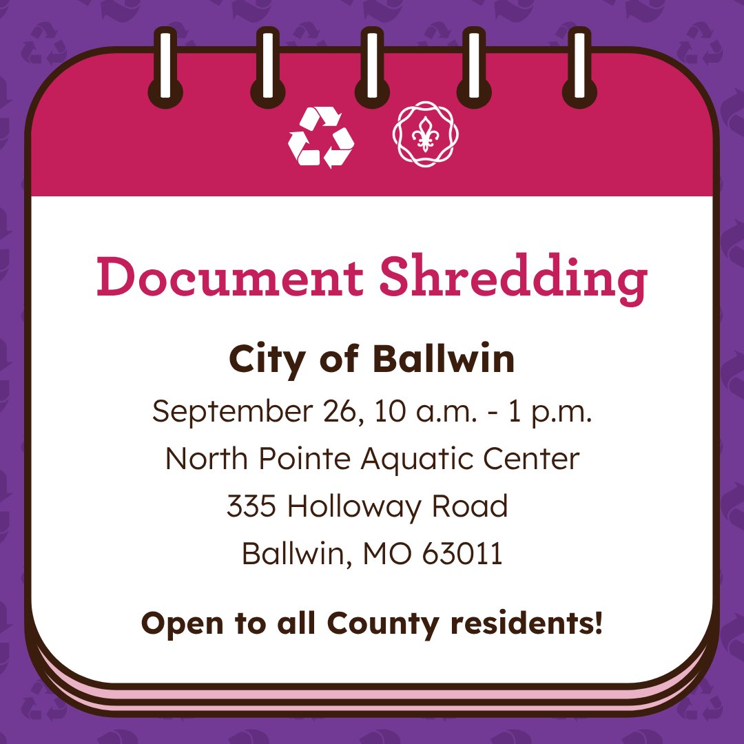 StLCountyDOH's tweet photo. We have THREE recycling events on 9/26!

Electronics Recycling: 9am-12pm, Congregation Temple Israel, 1 Rabbi Alvan D Rubin, 63141
Document Shredding: 10am-1pm, North Point Aquatic Center, 335 Holloway, 63011
Latex Paint Recycling: 9am-12pm, Crestwood Govt Center, 1 Detjen, 63126 https://t.co/lTlGnQjQyr