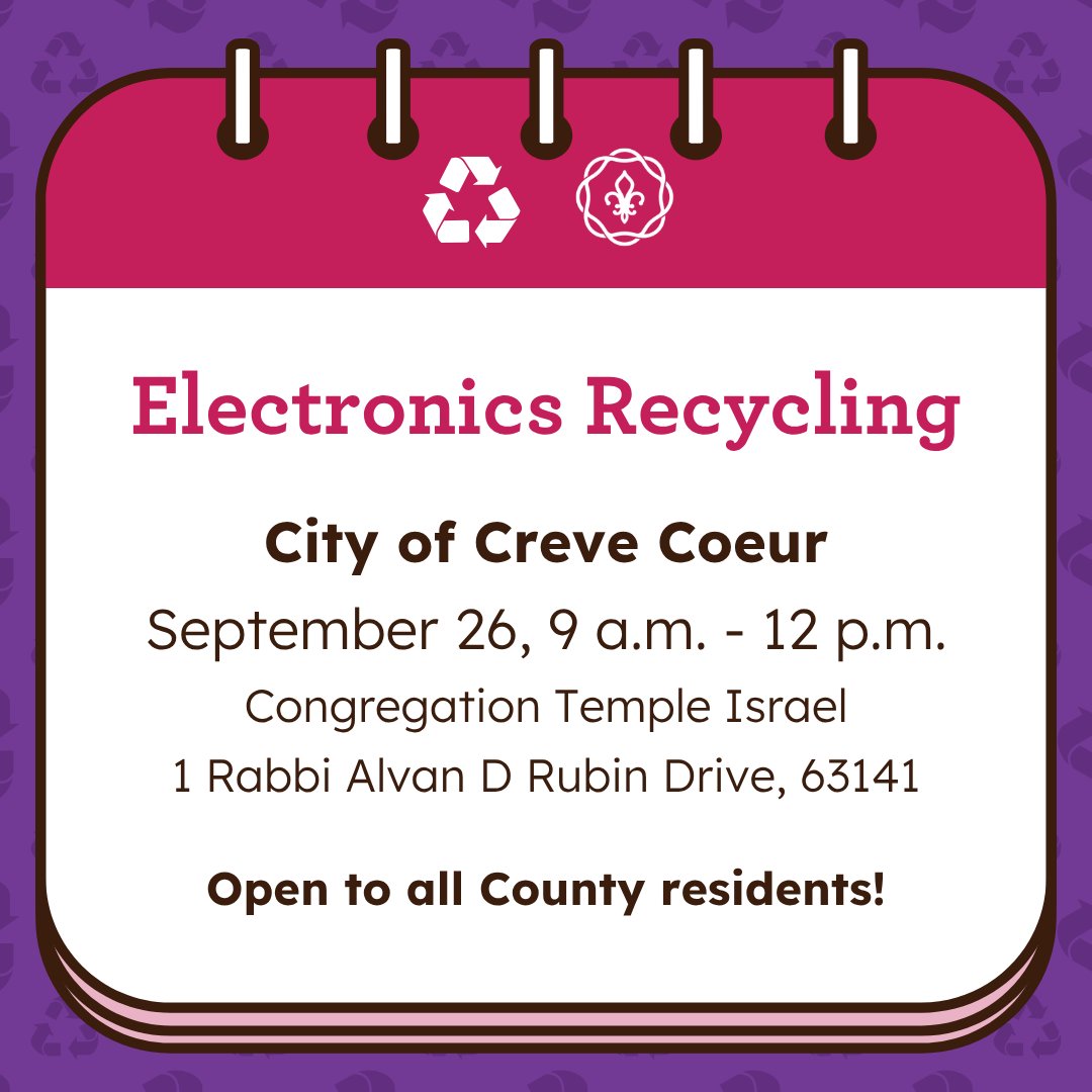 StLCountyDOH's tweet photo. We have THREE recycling events on 9/26!

Electronics Recycling: 9am-12pm, Congregation Temple Israel, 1 Rabbi Alvan D Rubin, 63141
Document Shredding: 10am-1pm, North Point Aquatic Center, 335 Holloway, 63011
Latex Paint Recycling: 9am-12pm, Crestwood Govt Center, 1 Detjen, 63126 https://t.co/lTlGnQjQyr
