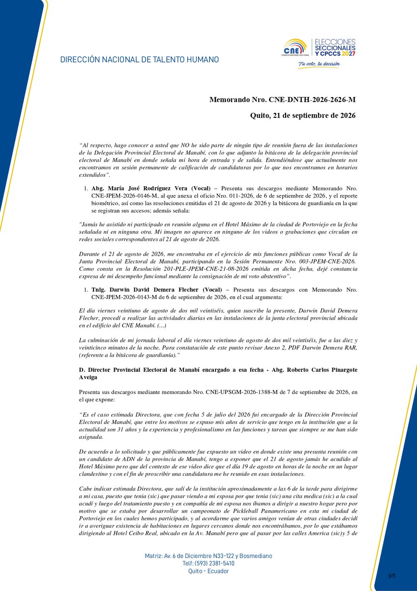 ElenaNajeraM's tweet photo. Solicité al Presidente del CNE que se proceda con la cancelación de los Vocales de la Junta Provincial Electoral de Manabí, que participaron en una reunión con un candidato a prefecto de la provincia. Esta es la respuesta que recibí: ¿Acaso se está encubriendo a alguien? 

@ParticipacionPC @FCD_Ecuador @OEAenEcuador @UEenEcuador