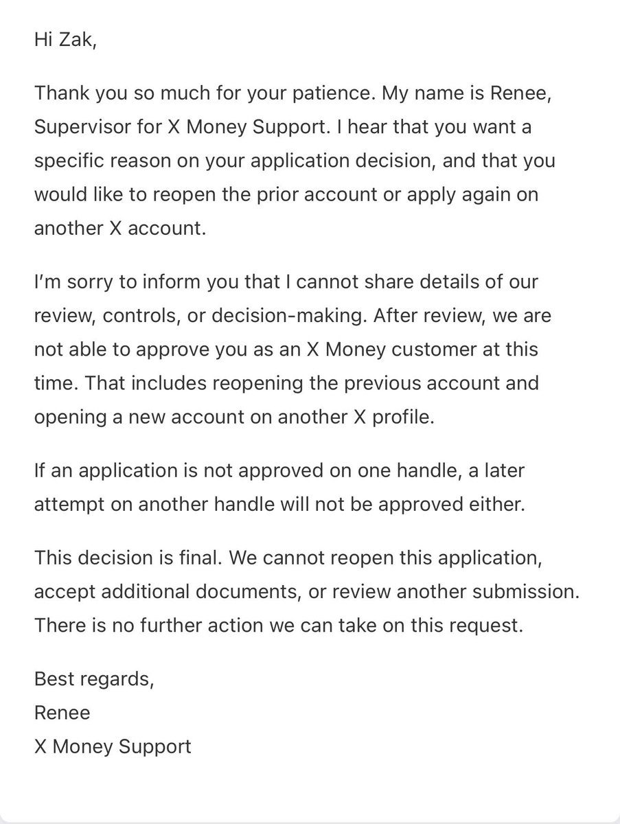 CurrentHeading's tweet photo. Got an email from a “supervisor” this morning.

Apparently, NONE of my accounts are now eligible to open an @XMoney account with no explanation able to be given. 

What the actual fuck? https://t.co/uFC3LC7mw2