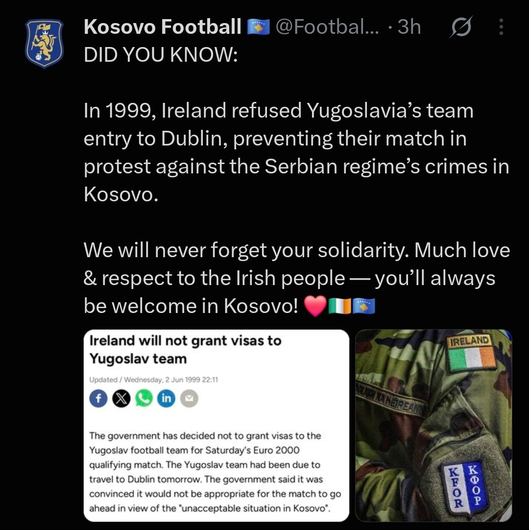 StopTheGameEire's tweet photo. Solidarity to @FootballKosovo 

We've boycotted genociders before. We will do it again!

#StopTheGame https://t.co/suubh7gfqK