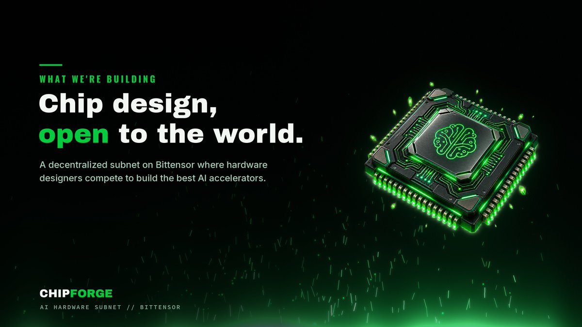 ChipForge's tweet photo. The next breakthrough in AI hardware could come from anyone.
Today, it never does. It stays locked inside a handful of giant companies.
ChipForge changes that.
A decentralized subnet on Bittensor where hardware designers compete to build the best AI accelerators.
The better your design, the more reward you earn.
Chip design, finally open to the world.