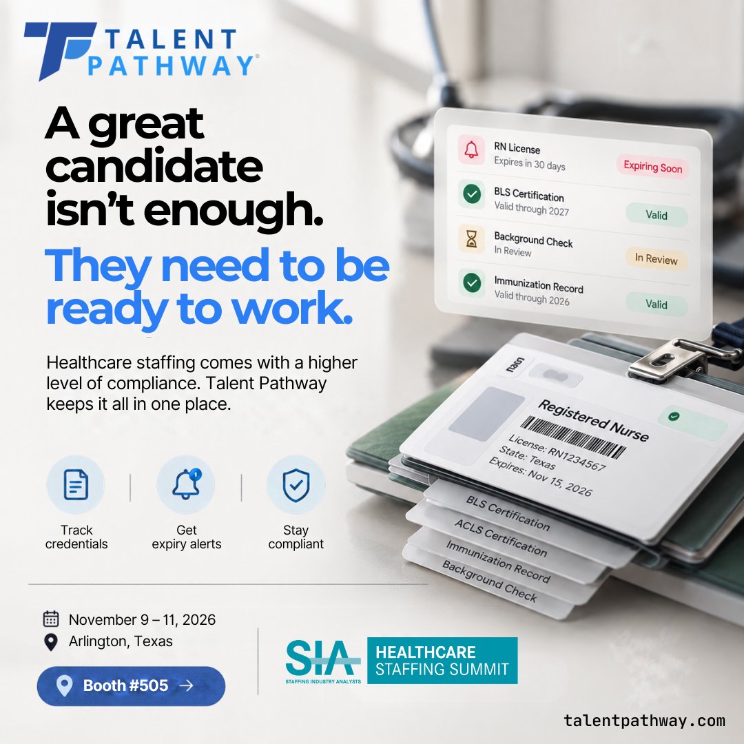 TalentPathwayUS's tweet photo. With Talent Pathway, credential tracking and expiration alerts are part of the workflow, helping your team stay organized and keep placements moving.
Come see us. Let’s talk healthcare staffing technology. https://t.co/WhYTLcTEJB