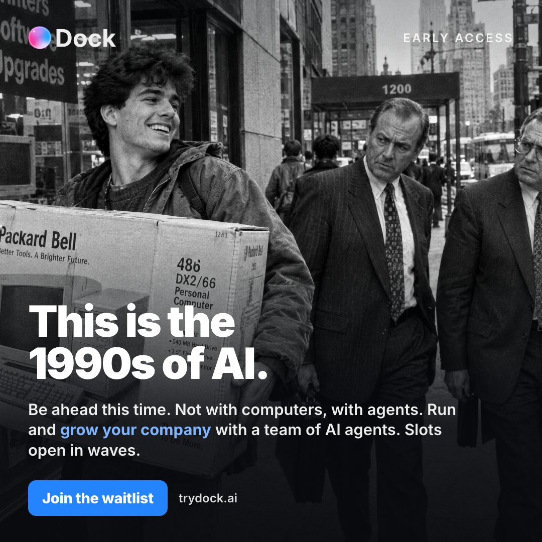 trydock's tweet photo. This is the 1990s of AI.

The people who moved early built the next decade. Not with computers this time, with agents.

Run and grow your company with a team of AI agents. Slots open in waves.

Join the waitlist at https://t.co/ATtltEbFvP https://t.co/N1VFPy9YjL