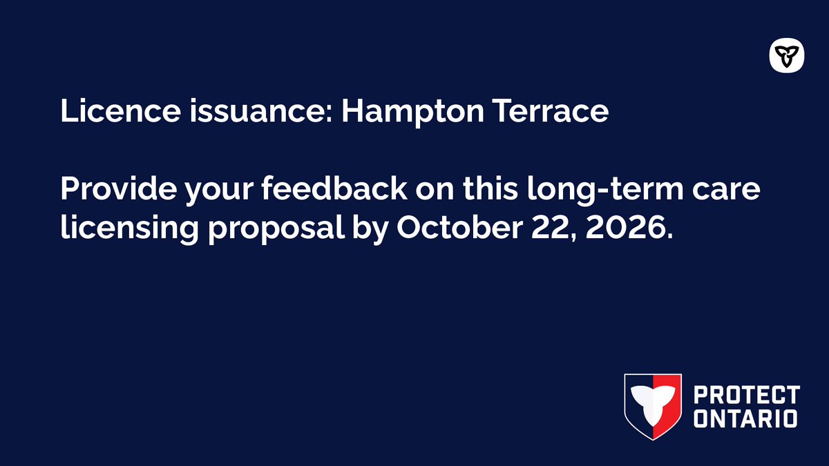 ONlongtermcare's tweet photo. We are currently accepting feedback on a #LongTermCare licence transfer from Hampton  Terrace Care Centre.

https://t.co/gq1a7o4QGI https://t.co/k3kKrAIHD3