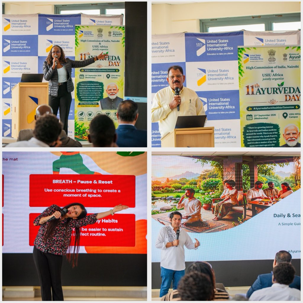 IndiainKenya's tweet photo. #AyurvedaDay celebrations in Kenya 🌿🇮🇳🇰🇪

High Commission of India, in collaboration with United States International University (USIU)-Africa, celebrated the 11th Ayurveda Day in Nairobi, bringing together Ayurveda practitioners, experts, faculty and students. 

High Commissioner highlighted Ayurveda’s holistic approach to health and well-being and the relevance of India’s traditional knowledge to everyday life.

Expert talks on Ayurvedic daily and seasonal routines, interactive discussions, yoga demonstrations and displays of Ayurvedic and herbal products offered participants an engaging introduction to Ayurveda.

#AyurvedaDay2026 #IndiaKenya 

@DrSJaishankar @PMOIndia @mpprataprao @moayush @iccr_hq @MOH_Kenya @ExperienceUSIU @IndianDiplomacy