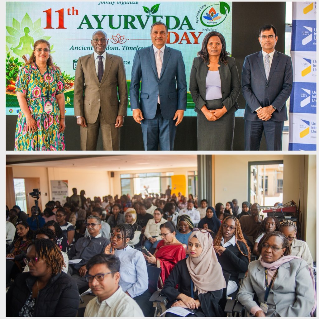 IndiainKenya's tweet photo. #AyurvedaDay celebrations in Kenya 🌿🇮🇳🇰🇪

High Commission of India, in collaboration with United States International University (USIU)-Africa, celebrated the 11th Ayurveda Day in Nairobi, bringing together Ayurveda practitioners, experts, faculty and students. 

High Commissioner highlighted Ayurveda’s holistic approach to health and well-being and the relevance of India’s traditional knowledge to everyday life.

Expert talks on Ayurvedic daily and seasonal routines, interactive discussions, yoga demonstrations and displays of Ayurvedic and herbal products offered participants an engaging introduction to Ayurveda.

#AyurvedaDay2026 #IndiaKenya 

@DrSJaishankar @PMOIndia @mpprataprao @moayush @iccr_hq @MOH_Kenya @ExperienceUSIU @IndianDiplomacy