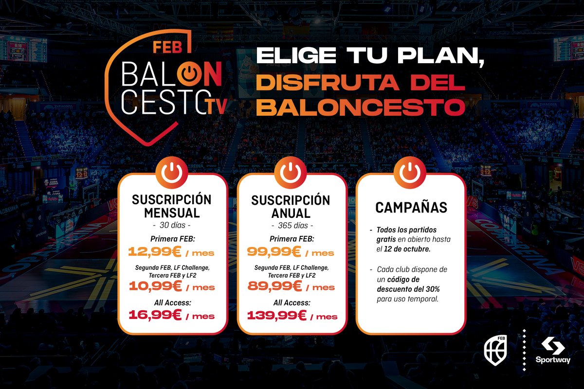 CompeticionFEB's tweet photo. 📺 TV: Las Competiciones llegan a 𝗕𝗮𝗹𝗢𝗡𝗰𝗲𝘀𝘁𝗼 𝗧𝗩 con un atractivo plan de suscripciones
📎 https://t.co/Bx2YeeCd0T 👈
📅 GRATIS hasta el 12 Octubre
🟠 #PrimeraFEB
🔵 #LFChallenge
🔴 #SegundaFEB
🔵 #LF2
🟡 #TerceraFEB
📝 Más información ⬇️
https://t.co/qssMxQcZFU https://t.co/42NrQ1UPaT