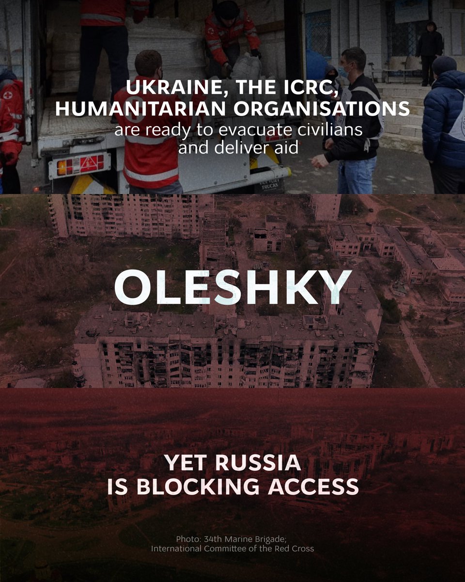 MFA_Ukraine's tweet photo. Help is ready to reach Oleshky and other communities in the temporarily occupied territories of Kherson region, which are facing a severe humanitarian crisis.

Ukraine is ready to evacuate civilians. The ICRC has confirmed its willingness to participate. Humanitarian organisations are ready to deliver essential aid. But access, food, medicine and other essential supplies have remained blocked by Russia.

Around 2,000 people, including around 50 children, are trapped there under Russian occupation. 

This must end. Do not stay silent. Save Oleshky.
