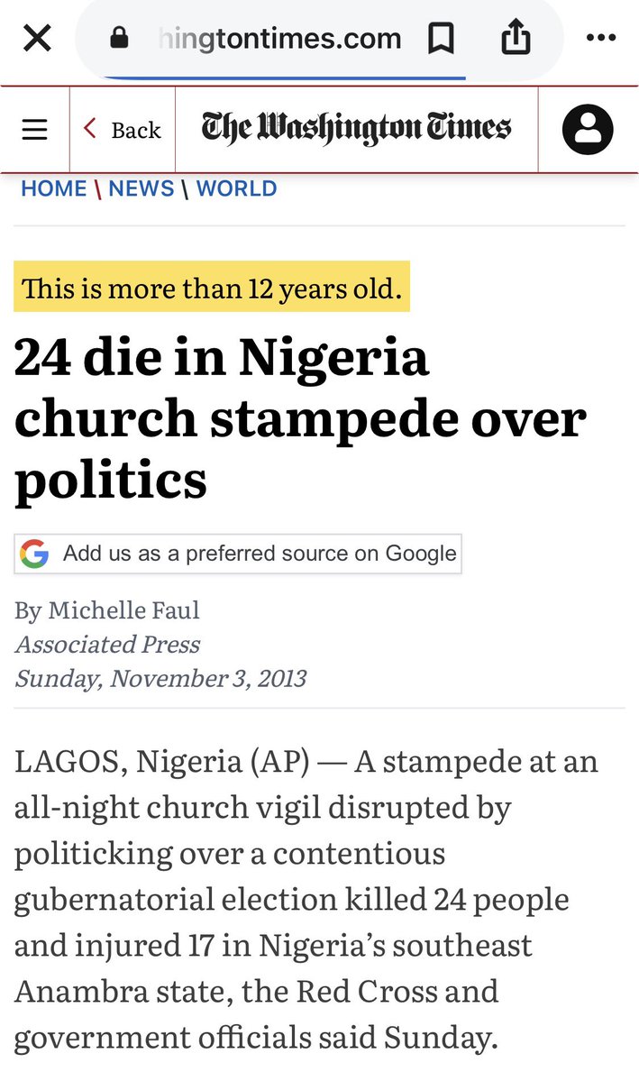 biyibjorn's tweet photo. This is how the Washington Times reported it. Peter Obi apparently became enraged that the crowd was shouting Ngige’s name. He sent armed men to the crowd to fish out the hecklers. Stampede ensued. People died. Peter Obi quietly sneaked out of the scene. https://t.co/VxsSOHOMkr