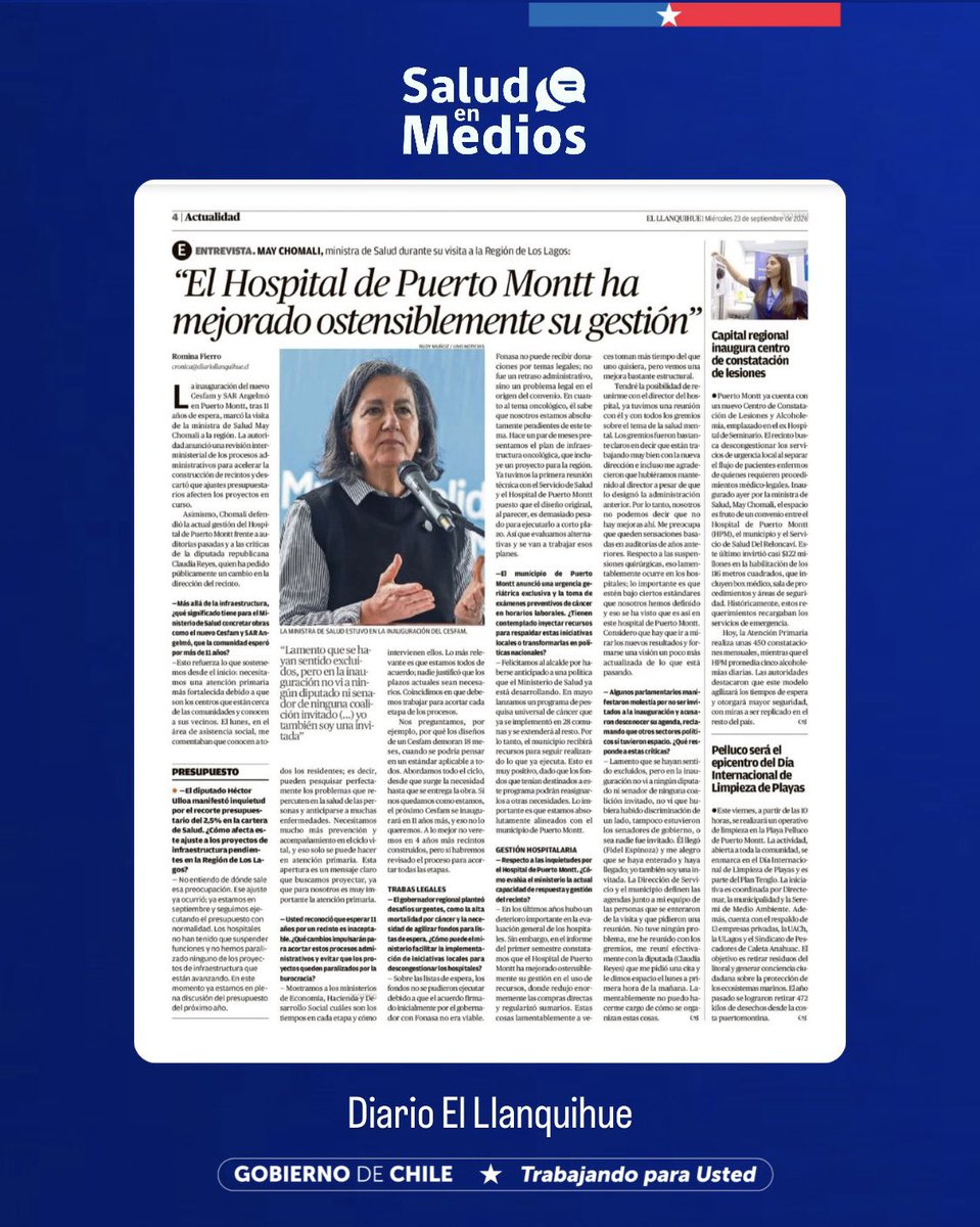 seremisalud10's tweet photo. Cobertura de medios de comunicación a visita de Ministra de Salud, May Chomali, a región de Los Lagos.

La autoridad nacional inauguró el CESFAM y SAR Angelmó de Puerto Montt y el Centro de Constatación de Lesiones y Alcoholemia, ubicado en el ex Hospital de Seminario. https://t.co/wHpgohrfLH