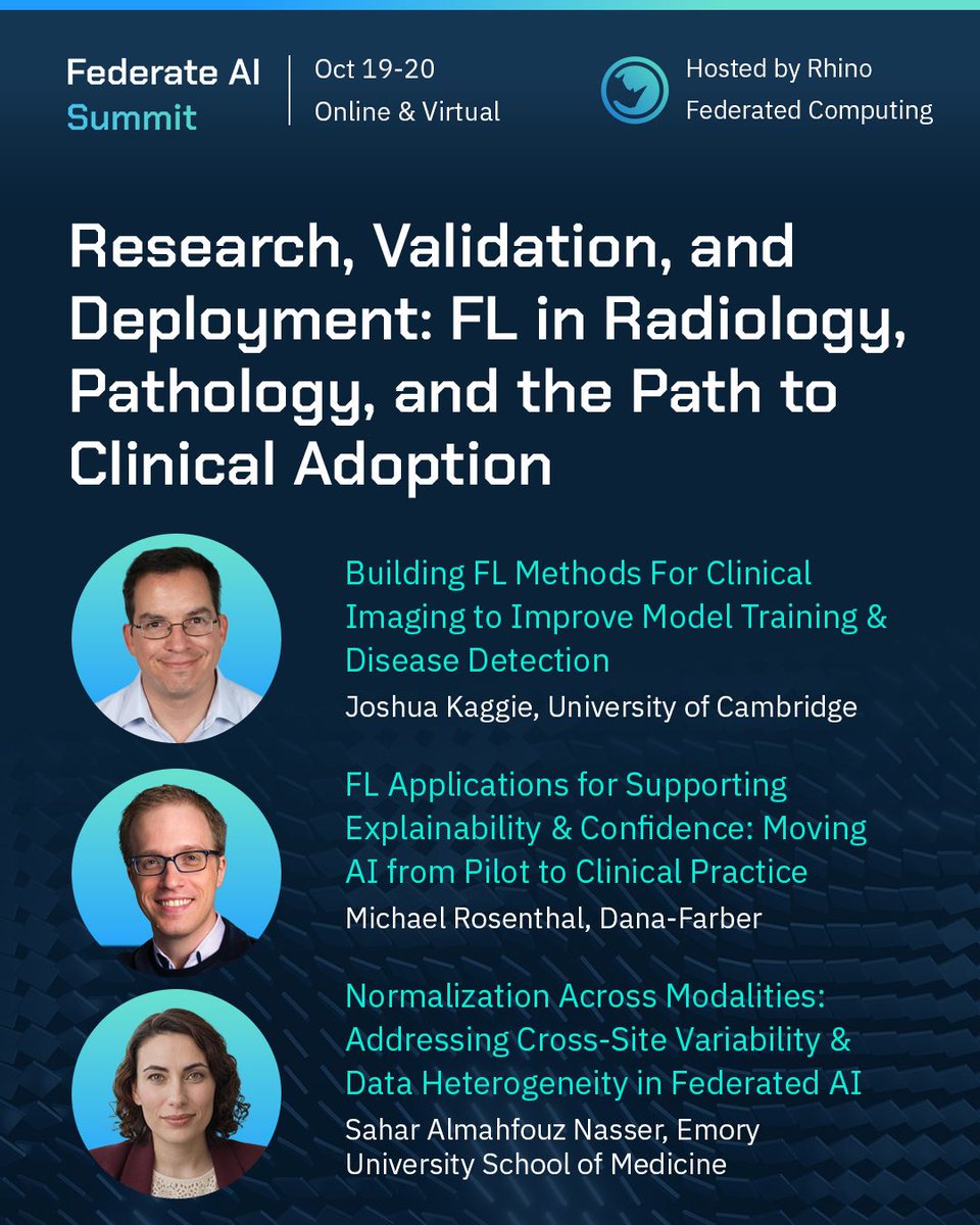 rhinofcp's tweet photo. What does it actually take to move federated learning into clinical practice?

At our Federated AI Summit, three researchers at different stages of the FL pipeline — MRI methods development, pathology AI, and clinical imaging leadership — will discuss what's standing between promising federated learning research and adoption in day-to-day clinical practice.

➡️ Building FL Methods For Clinical Imaging to Improve Model Training & Disease Detection
Joshua Kaggie, Senior Research Associate, @Cambridge_Uni

➡️ FL Applications for Supporting Explainability & Confidence: Moving AI from Pilot to Clinical Practice
Michael Rosenthal, Assistant Director of Radiology, @DanaFarber

➡️ Normalization Across Modalities: Addressing Cross-Site Variability & Data Heterogeneity in Federated AI
Sahar Nasser, Postdoctoral Fellow, @EmoryUniversity

Moderator: Adrish Sannyasi, VP Customer Solutions, Rhino Federated Computing

View the full agenda 👉 https://t.co/w96eJqFxFc 
Apply to attend 🎟️ https://t.co/WZWYYB0CSZ