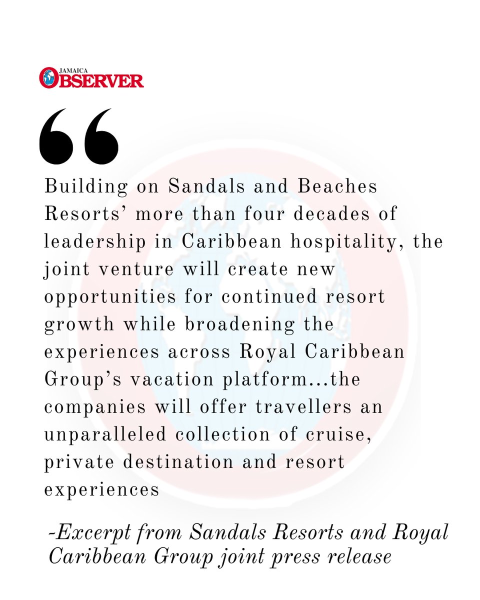 JamaicaObserver's tweet photo. Royal Caribbean Group and Sandals Resorts on Wednesday, September 23, 2026 announced the signing of an agreement to form a partnership in the all-inclusive resort space with a 50 per cent investment from Royal Caribbean Group.
The partnership brings together two of the travel industry’s most celebrated vacation companies, pairing Sandals and Beaches’ all-inclusive resort expertise with Royal Caribbean Group’s vacation platform, including industry-leading brands — Royal Caribbean, Celebrity Cruises and Silversea
https://t.co/QlKnwUUZai