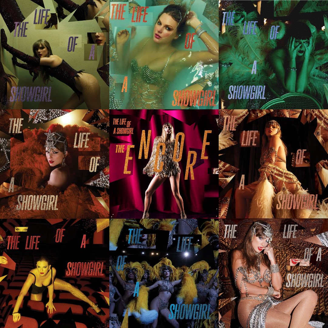 solonghenry's tweet photo. A pergunta que não quer calar: qual a melhor capa do The Life of a Showgirl? https://t.co/06u6DTHXg2