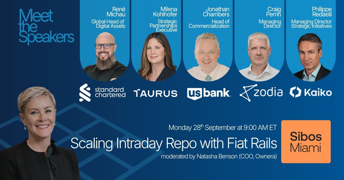 OwneraIO's tweet photo. How will traditional financial infrastructure enable intraday repo to scale?
 
@NBenson8221 will be leading the discussion at @Sibos Miami to help answer this question on Monday 28th September at 9:00 AM ET.
 
Our panel will bring together industry experts, including @renemichau, Global Head of Digital Assets at @StanChart, MilenaKohlhofer, Strategic Partnerships Executive at @taurus_hq, Jon Chambers, Head of Commercialization at @usbank, @cwp_1, Managing Director of @ZodiaCustody, and @Ph_Redaelli, Managing Director Strategic Initiatives of @KaikoData. 
 
We look forward to seeing you there.
 
Whether you’re joining the panel or want to speak to us in person, feel free to reach out at contact@ownera.io