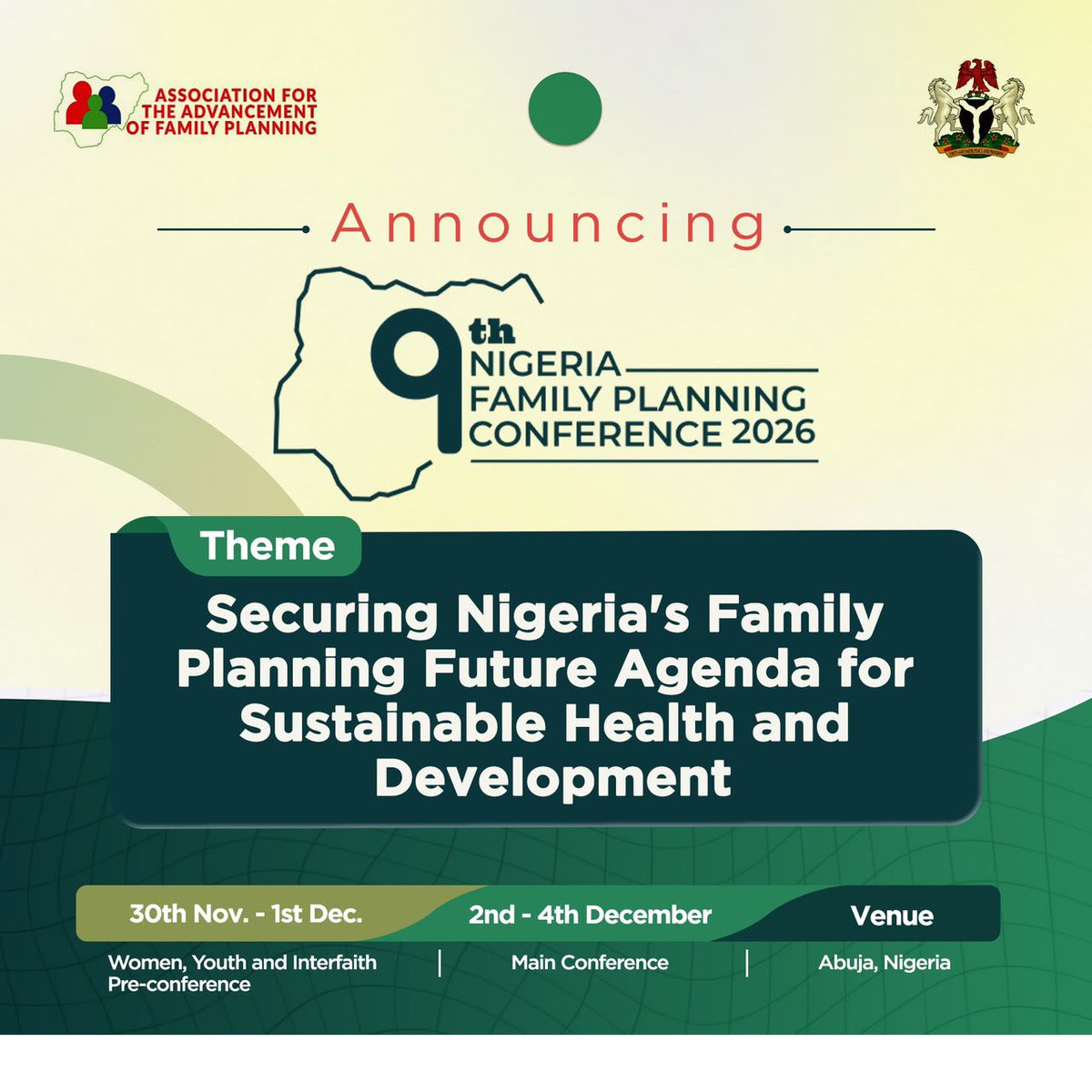 AHBNetwork's tweet photo. The 𝟗𝐭𝐡 𝐍𝐢𝐠𝐞𝐫𝐢𝐚 𝐅𝐚𝐦𝐢𝐥𝐲 𝐏𝐥𝐚𝐧𝐧𝐢𝐧𝐠 𝐂𝐨𝐧𝐟𝐞𝐫𝐞𝐧𝐜𝐞 (𝐍𝐅𝐏𝐂 𝟐𝟎𝟐𝟔) is coming up from 30 November to 4 December 2026 in Abuja, under the theme “𝘚𝘦𝘤𝘶𝘳𝘪𝘯𝘨 𝘕𝘪𝘨𝘦𝘳𝘪𝘢’𝘴 𝘍𝘢𝘮𝘪𝘭𝘺 𝘗𝘭𝘢𝘯𝘯𝘪𝘯𝘨 𝘍𝘶𝘵𝘶𝘳𝘦 𝘈𝘨𝘦𝘯𝘥𝘢 𝘧𝘰𝘳 𝘚𝘶𝘴𝘵𝘢𝘪𝘯𝘢𝘣𝘭𝘦 𝘏𝘦𝘢𝘭𝘵𝘩 𝘢𝘯𝘥 𝘋𝘦𝘷𝘦𝘭𝘰𝘱𝘮𝘦𝘯𝘵.” Africa Health Budget Network (AHBN) is proud to be part of the organising partners for this important gathering and calls on stakeholders, partners, advocates, young people and everyone interested in Nigeria’s health and development to take note, join the conversation and be part of shaping the future of family planning in Nigeria.

Visit https://t.co/WmoApwS2pG⁠ to learn more and get involved.