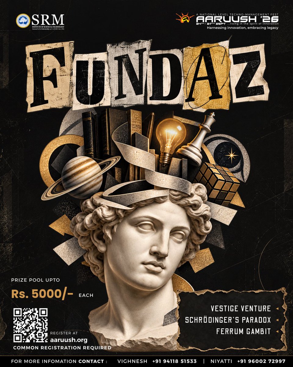 aaruushsrmist's tweet photo. Ready to see what you can bring to the table?
Aaruush β26 brings Fundaz, Webnexus, Electrizite, Konstruktion, and Canoe Challenges with exciting challenges that put your creativity to the test.
π https://t.co/68uNR8uCoX
#Fundaz #FunEvents #seeyouattheevent #Aaruush #SRMIST https://t.co/AmkGcl6RjL