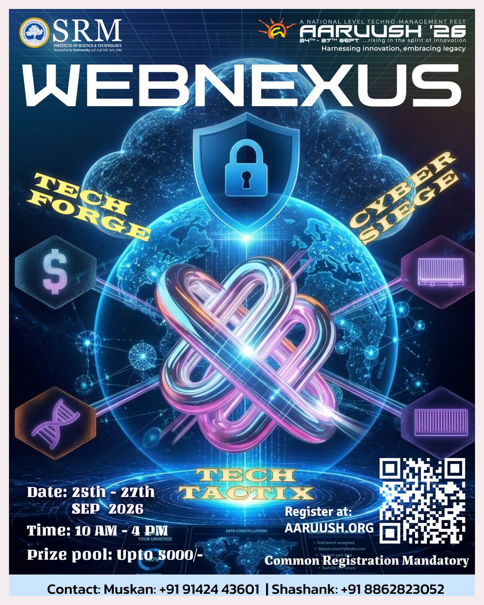 aaruushsrmist's tweet photo. Ready to see what you can bring to the table?
Aaruush β26 brings Fundaz, Webnexus, Electrizite, Konstruktion, and Canoe Challenges with exciting challenges that put your creativity to the test.
π https://t.co/68uNR8uCoX
#Fundaz #FunEvents #seeyouattheevent #Aaruush #SRMIST https://t.co/AmkGcl6RjL