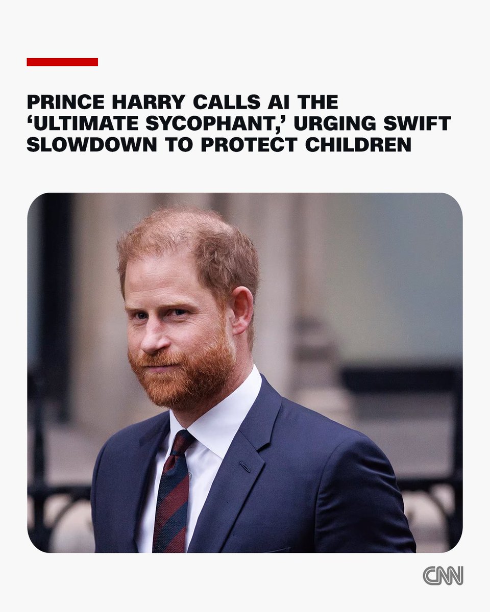 CNN's tweet photo. Prince Harry has joined calls for an urgent slowdown in the development of AI , warning “if we cannot demonstrate that the next frontier is safe enough to cross, we should not race across it simply because we can.” https://t.co/DLZfOvpCWw https://t.co/5fx2of9jDp