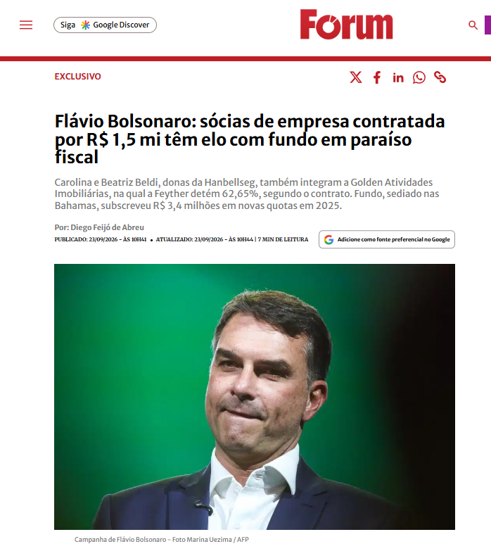 diegodeabreu's tweet photo. Soltei hoje 3 exclusivas na Fórum sobre a campanha de Flávio Bolsonaro. Veja o que não bate:

→ Empresa com R$ 6 mil de capital. Contrato de R$ 1,5 milhão. R$ 500 mil já pagos com dinheiro do Fundo Eleitoral.

→ Nos registros oficiais, ela aluga carros para gabinetes de deputados. Da campanha, recebeu por “planejamento estratégico operacional”.

→ 70 dias antes do contrato, incluiu segurança privada e escolta no objeto social. Capital: R$ 6 mil. Para empresa especializada em segurança privada, a legislação exige capital social mínimo muito superior.

→ O próprio site diz que a empresa nasceu “nas fileiras de elite da ROTA”. Não identifica quem veio da corporação. As duas donas aparecem nos registros com ocupações de engenheira elétrica e diretora administrativa.

→ Os registros consultados apontam três referências de endereço. No Street View, uma delas leva a um galpão murado, sem identificação visível.

→ As donas também são sócias de uma imobiliária cujo maior sócio é um fundo das Bahamas. O CNPJ brasileiro do fundo está suspenso pela Receita desde 2021. Mesmo assim, em 2025, o fundo subscreveu R$ 3,4 milhões em novas quotas da empresa.

→ Na Flórida, esse mesmo fundo aparece como administrador de uma empresa e informa endereço nas Ilhas Virgens Britânicas.

→ Quem controla o fundo? Os registros públicos consultados não revelam.

→ E tem mais: outra empresa contratada pela campanha, por R$ 1,025 milhão, foi aberta quando uma das sócias ainda chefiava uma unidade de auditoria do TRE-SC.

A campanha de Flávio Bolsonaro foi procurada e não respondeu.