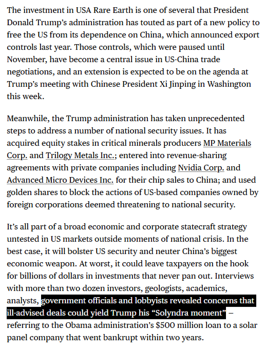 scottlincicome's tweet photo. The Trump admin's $1.6 billion investment in USA Rare Earth - which includes a big equity stake, of course - stinks to high heaven.

Bloomberg has the details. Read it all.
https://t.co/73LHkWPBl2 https://t.co/qqyTqjLwsT
