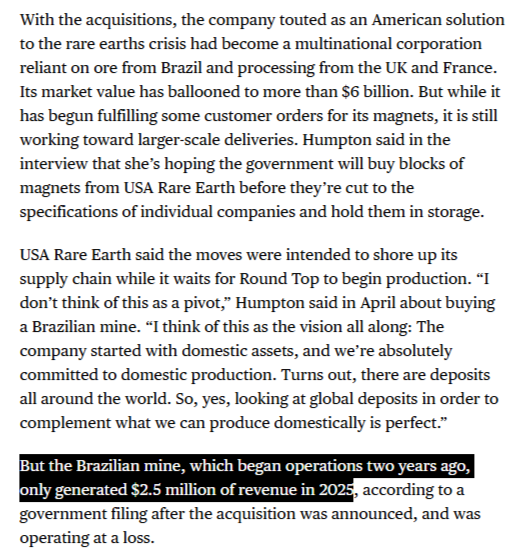 scottlincicome's tweet photo. The Trump admin's $1.6 billion investment in USA Rare Earth - which includes a big equity stake, of course - stinks to high heaven.

Bloomberg has the details. Read it all.
https://t.co/73LHkWPBl2 https://t.co/qqyTqjLwsT