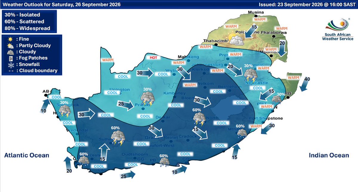 SAWeatherServic's tweet photo. Weather outlook for Friday &amp; Saturday: 25 - 26 September 2026.
Partly cloudy &amp; warm to cool conditions are expected, with isolated to scattered showers &amp; thunderstorms possible over the western, central &amp; eastern parts of the RSA. #saws #weatheroutlook #southafricanweather https://t.co/wANZjNZTMT