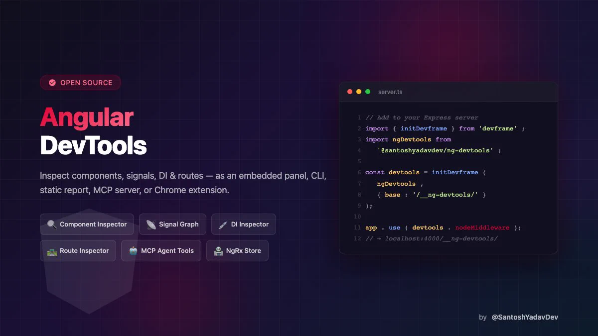 Angular DevTools banner showing features: Component Inspector, Signal Graph, DI Inspector, Route Inspector, MCP Agent Tools, and NgRx Store, with a code snippet demonstrating setup