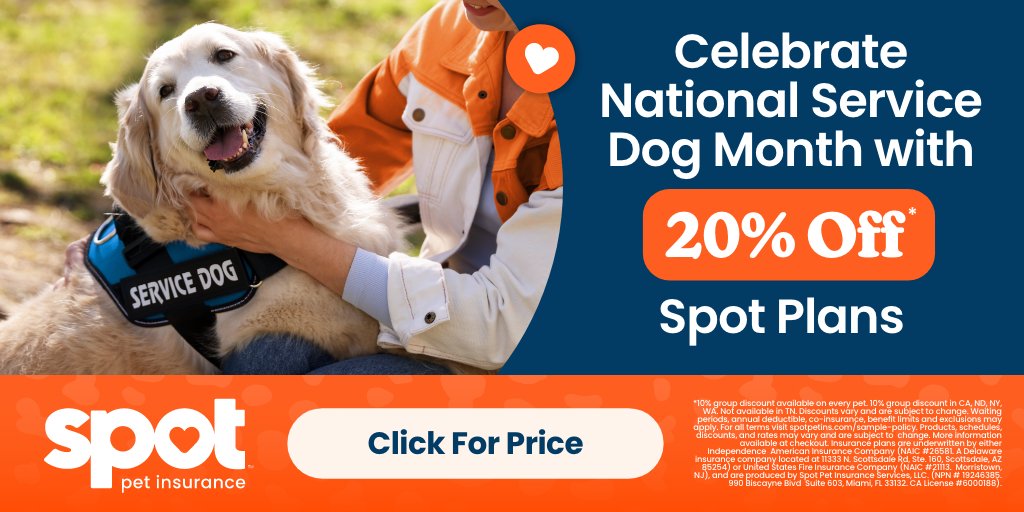deltasigmapi's tweet photo. National Service Dog Month honors the dogs trained to help their people every day. It's also a good time to make sure your own pet parent is covered. Deltasigs can get up to 20%* off on Spot Pet Plans. Get a Quote: https://t.co/4gwTURR5Pf https://t.co/sbP5xNOJY7