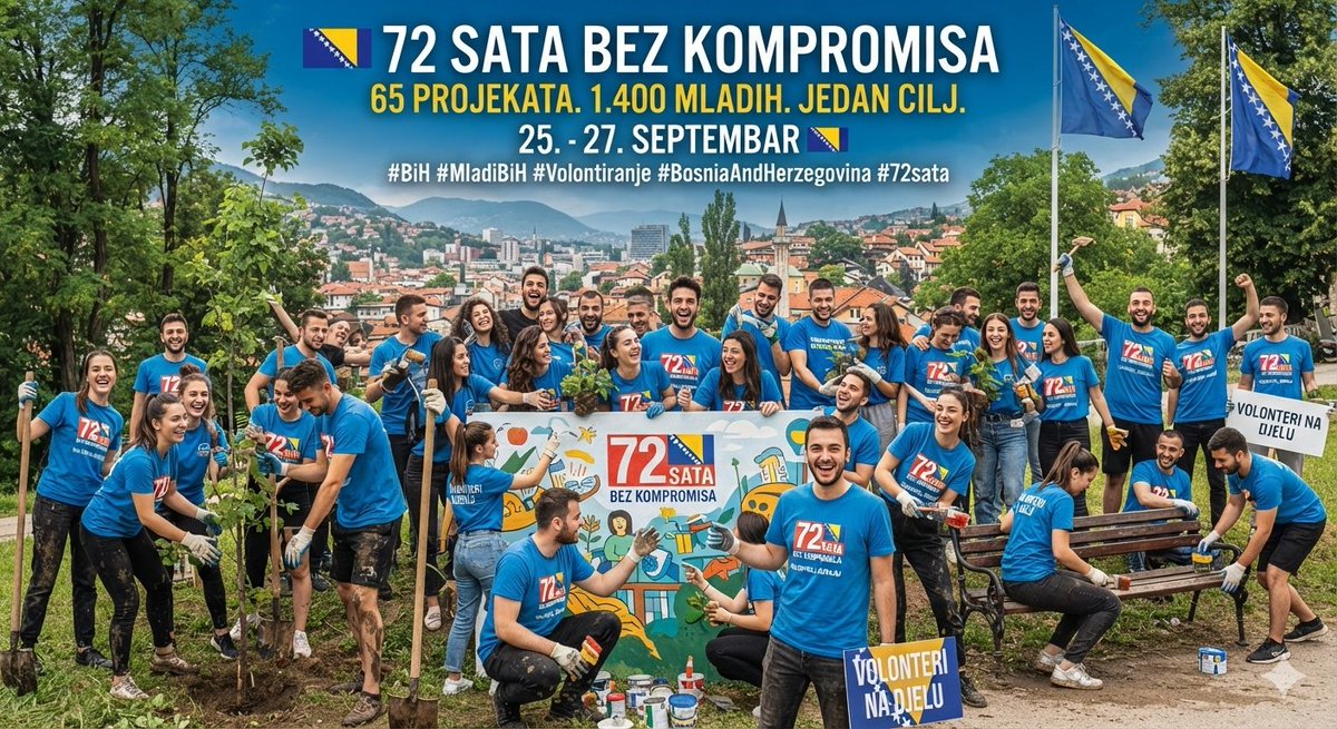 MarkoPetrorlovc's tweet photo. 🇧🇦 Oko 1.400 mladih iz BiH od 25. do27. septembra učestvovat će u 65 volonterskih projekata.
72 sata bez kompromisa možda zvuči kratko, ali kada se toliko mladih udruži oko zajedničkog cilja,može se napraviti mnogo toga.🇧🇦
#BiH #Mladi #Volontiranje #MladiBiH #BosniaAndHerzegovina https://t.co/Jn5tlY2a8V