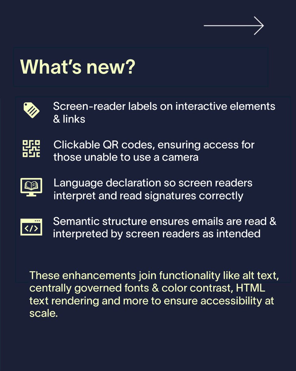 Exclaimer's tweet photo. Introducing Accessibility Controls for Exclaimer

From semantic structure to screen reader labels, Exclaimer is the ✨only email signature management tool✨ to offer native functionality to enable signatures to meet WCAG 2.1 AA criteria. See what's new ➡️ https://t.co/08pLvJrZWM https://t.co/23Cv4sxzcv