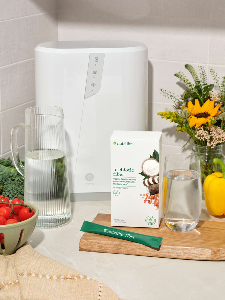 Amway's tweet photo. Wellness hack:💧Hydration is key for fiber to flow gently and effectively through the digestive system. 

Pair #Nutrilite Prebiotic Fiber with clean, great-tasting #eSpring water and say "cheers" to your daily wellness! ✨
#Nutrilite #fiber #ClearlyBetter #AmwayLife #Amway https://t.co/VnsIlieurC