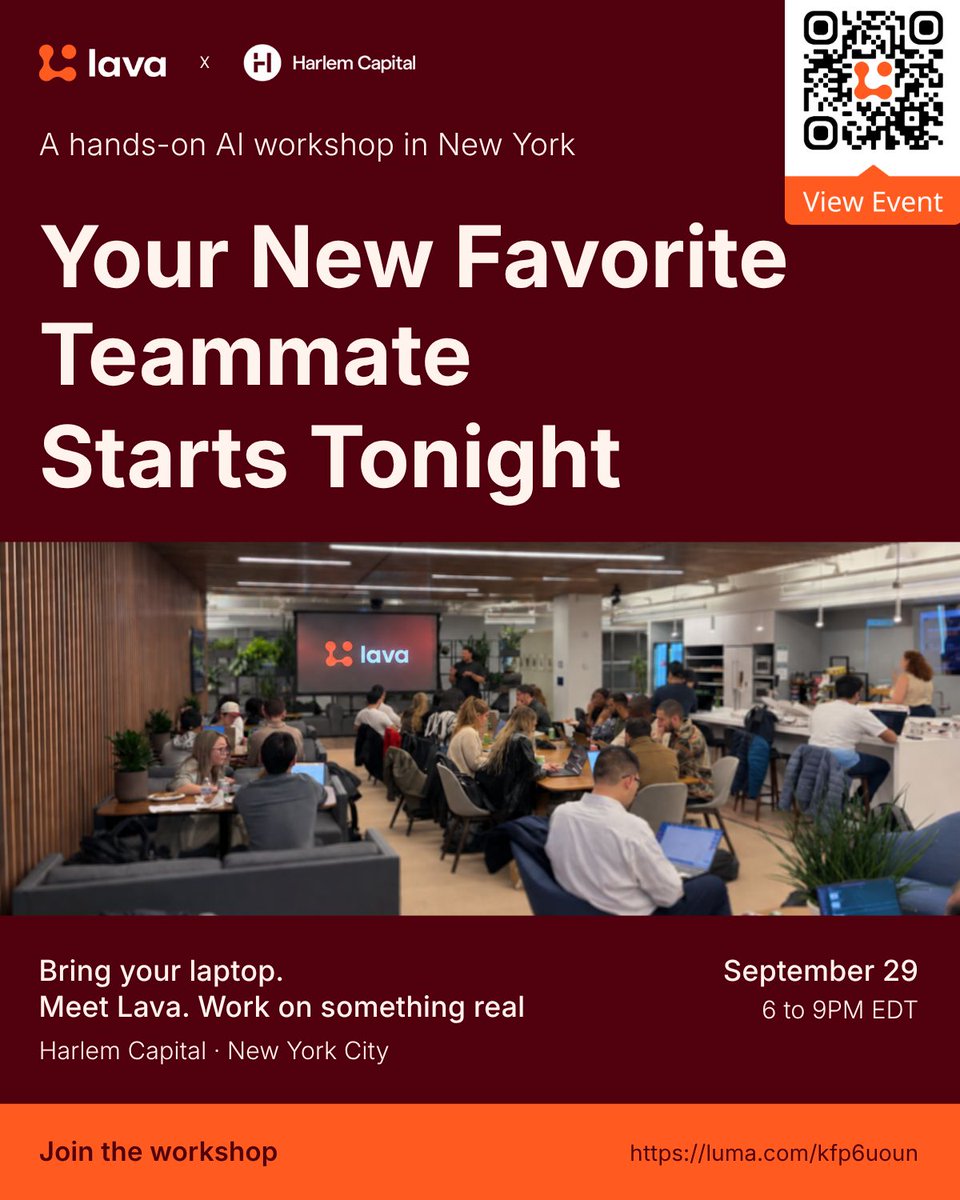 trylava's tweet photo. ChatGPT and Claude answer questions. I get the job done.

Workshop · Sept 29 · NYC. From chatbot to true teammate. I promise you'll be glad you came!

Link in the first comment. https://t.co/vroOCxZUVq