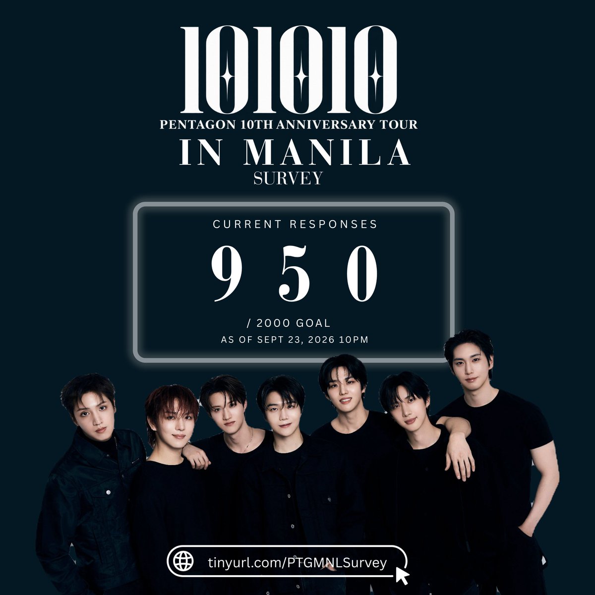 ptgmnl's tweet photo. 950 RESPONSES!! 😍

Just 50 more until we reach 1,000! Universe, can we make it happen tonight? 🥹🙏

And we’re not stopping at 1K — 2,000 is still the goal! Let’s keep pushing until the very end. 🫶

🔗 https://t.co/ozcqfAvWOr

#PENTAGON #펜타곤 #PENTAGON_101010 https://t.co/chuKrv6s5M