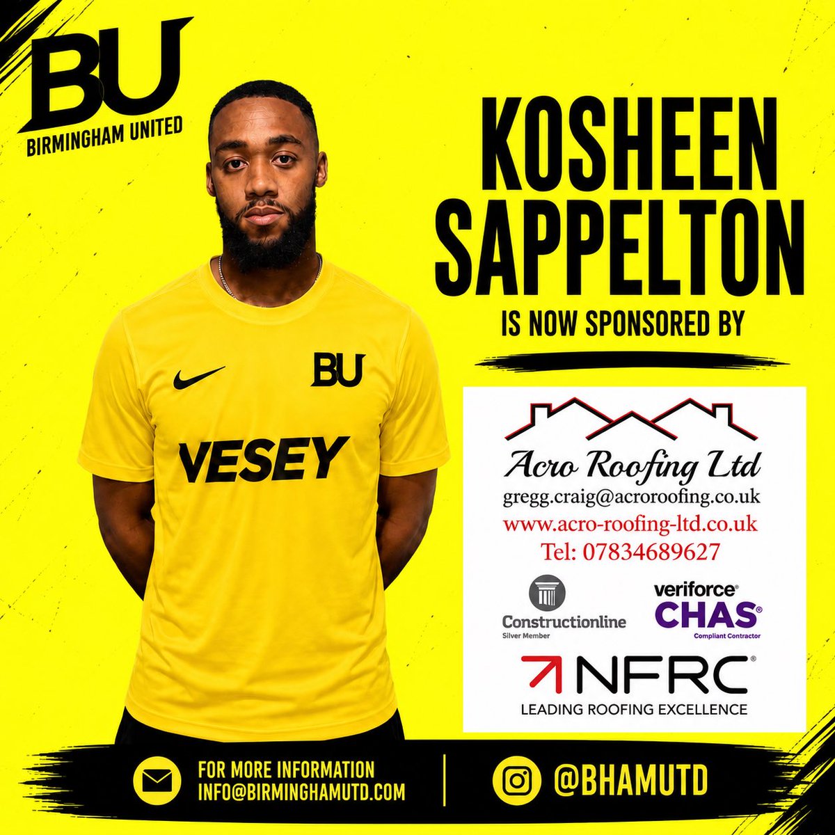 BUFCFirst's tweet photo. NEW SPONSORSHIP🤝

Kosheen Sappelton is now sponsored by Acro Roofing LTD for the 26/27 season🟡⚫️

Exciting times ahead 👏

#bufc #uptheblinders #sponsor https://t.co/hSj4o30zKE