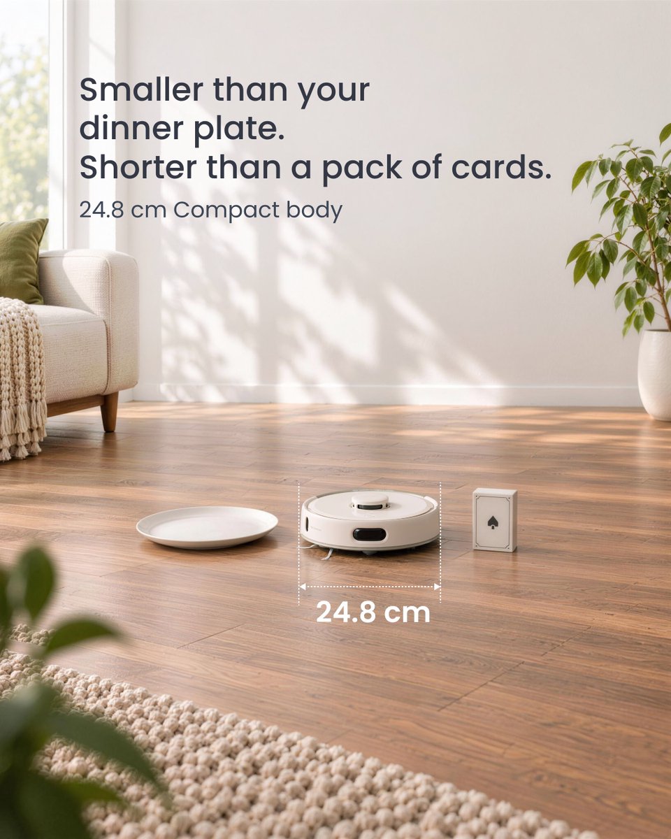 SwitchBot's tweet photo. Small size. Big cleaning power. ✨
Meet the new SwitchBot K11+ Pro, a mini robot vacuum made for apartment living.
Compact design, up to 90 days of auto-emptying, and powerful cleaning for everyday messes.
Less cleaning. More living.
Discover more: https://t.co/XupCGslRIV
#SwitchBot #K11+Pro #RobotVacuum #SmartHome