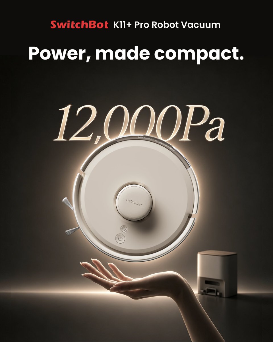 SwitchBot's tweet photo. Small size. Big cleaning power. ✨
Meet the new SwitchBot K11+ Pro, a mini robot vacuum made for apartment living.
Compact design, up to 90 days of auto-emptying, and powerful cleaning for everyday messes.
Less cleaning. More living.
Discover more: https://t.co/XupCGslRIV
#SwitchBot #K11+Pro #RobotVacuum #SmartHome