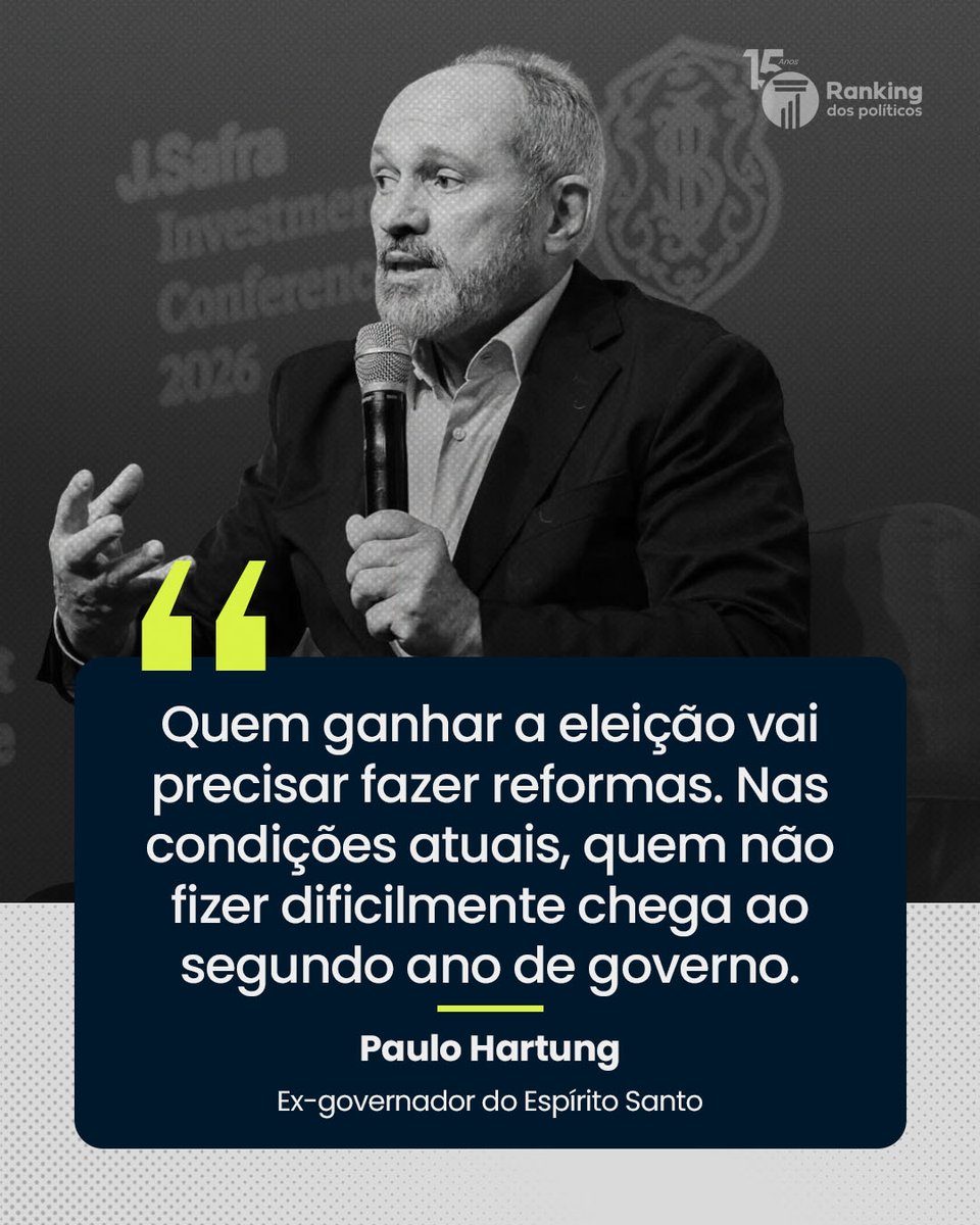 RankPolitico's tweet photo. A conta do país chegou e o próximo presidente não terá para onde fugir.

Durante o painel sobre o desenvolvimento do Brasil na J. Safra Investment Conference 2026, o ex-governador do Espírito Santo, Paulo Hartung, deu um aviso muito claro: sem reformas estruturais, o próximo governo não se sustenta.

Mas o que isso significa na prática?
O Brasil enfrenta um cenário de deterioração das contas e uma dívida pública que não para de crescer. O modelo atual de gastos do Estado simplesmente não se paga no longo prazo. Isso quer dizer que, independentemente de quem vença as eleições, o vencedor será obrigado a arrumar a casa e conter os gastos da máquina pública.

Se o próximo presidente tentar governar apenas com medidas populares, ignorando a responsabilidade fiscal e a necessidade de modernizar a economia, a crise vai engolir a sua gestão antes mesmo do segundo ano de mandato. O país já sabe o que precisa ser feito, o grande desafio agora é ter liderança e coragem política para colocar essas mudanças difíceis em prática.