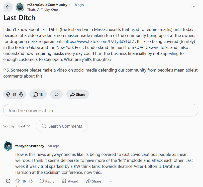 reddit_lies's tweet photo. Redditors are not happy with how the media is casting the lesbian bar that lifted its mask mandate.

"Seems like its being covered to cast covid cautious people as mean weirdos." https://t.co/18EfewgCTB