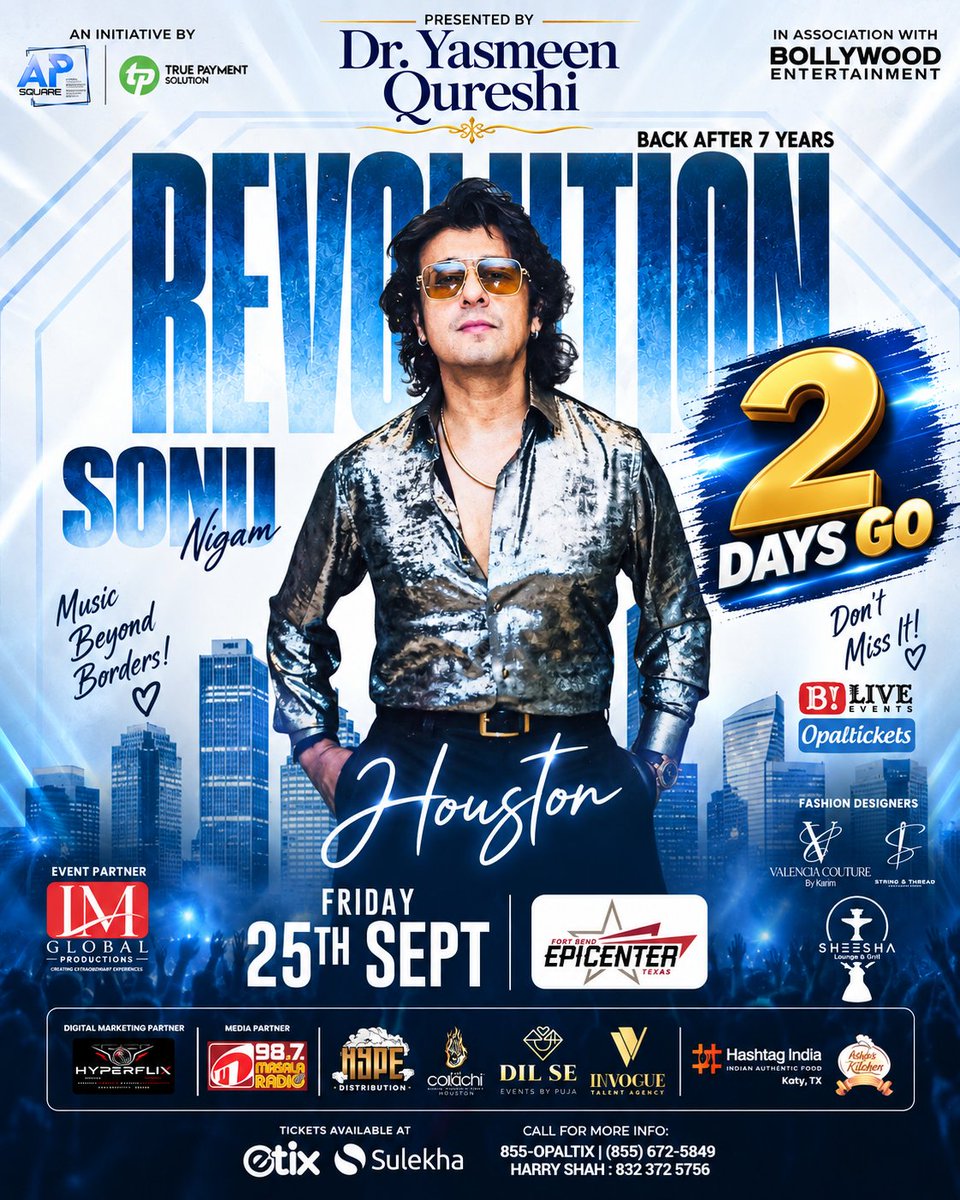 indianeventsusa's tweet photo. ✨🎤Houston, get ready for an unforgettable evening of Bollywood music and timeless melodies! ❤️🎶

📅 Sep 25, 2026 ⏰ Time: 6:00 PM
 📍Rosenberg, TX 77471
🎟️ Buy Tickets: https://t.co/TPVTVdzH89 

#SonuNigam #SonuNigamLive #SonuNigamHouston #SulekhaEvents #Concert2026 https://t.co/CaMGbR8SxA